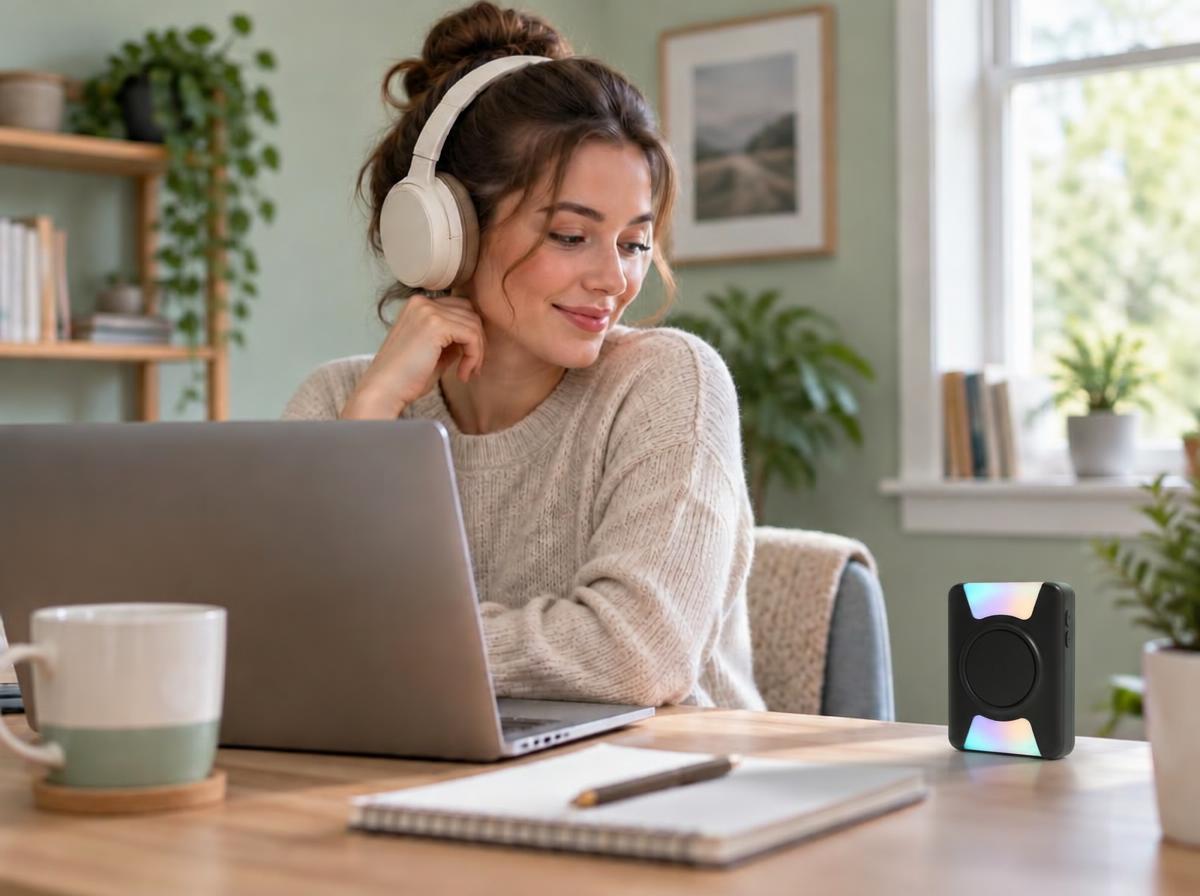 ChimeSafe receiver glowing on a desk beside a laptop while a woman works wearing headphones