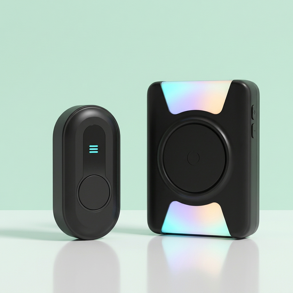 New ChimeSafe black wireless doorbell button and portable receiver with colour-changing light panels
