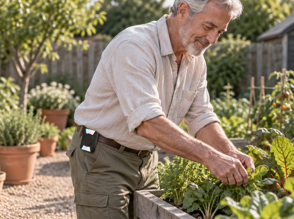 ChimeSafe receiver clipped to a man's belt as he tends vegetable beds in the garden