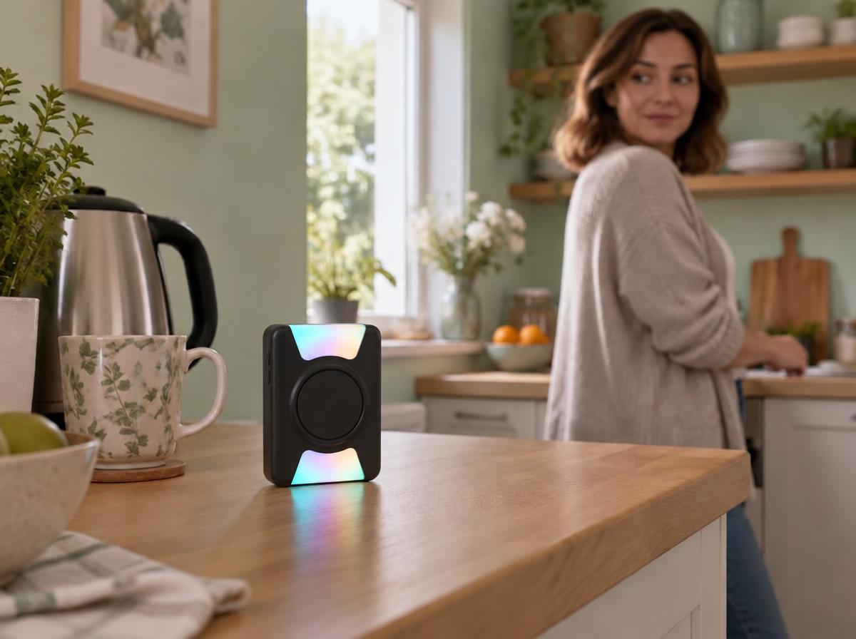 ChimeSafe receiver glowing on a kitchen worktop while a woman turns towards it